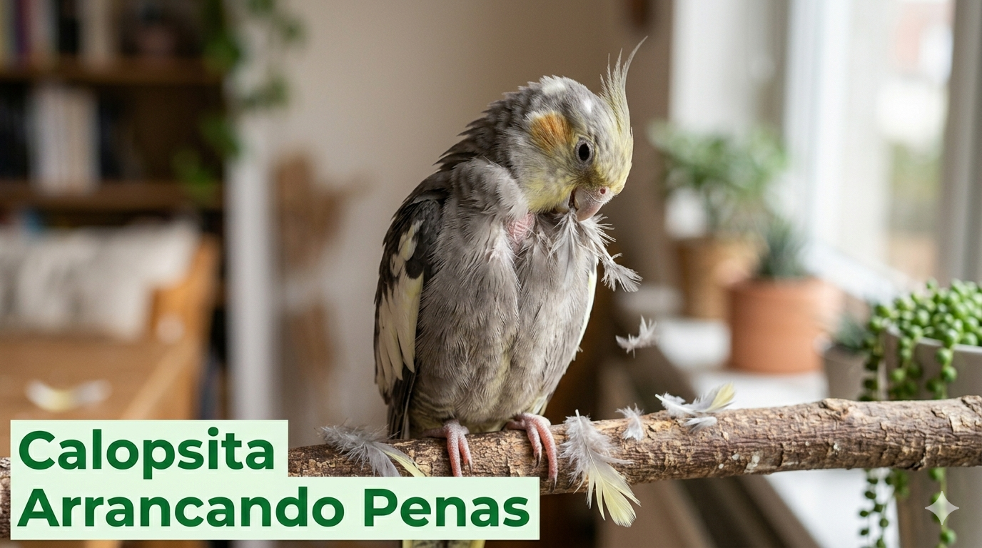 Calopsita com penas arrepiadas em close, demonstrando sinais de estresse