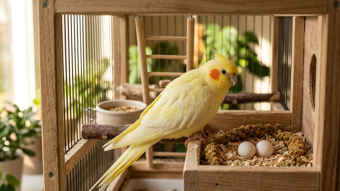 Calopsita fêmea ao lado de ovos na gaiola sem macho presente