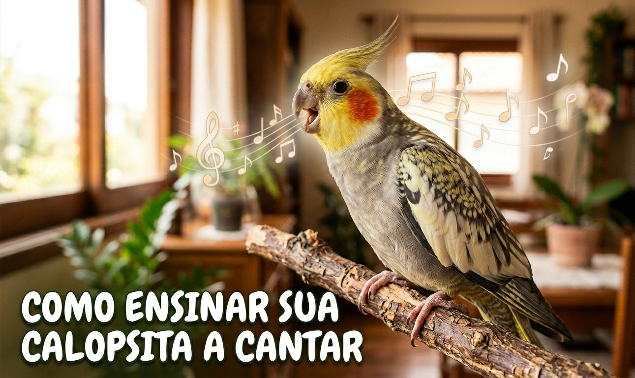 Calopsita cantando e assobiando no poleiro