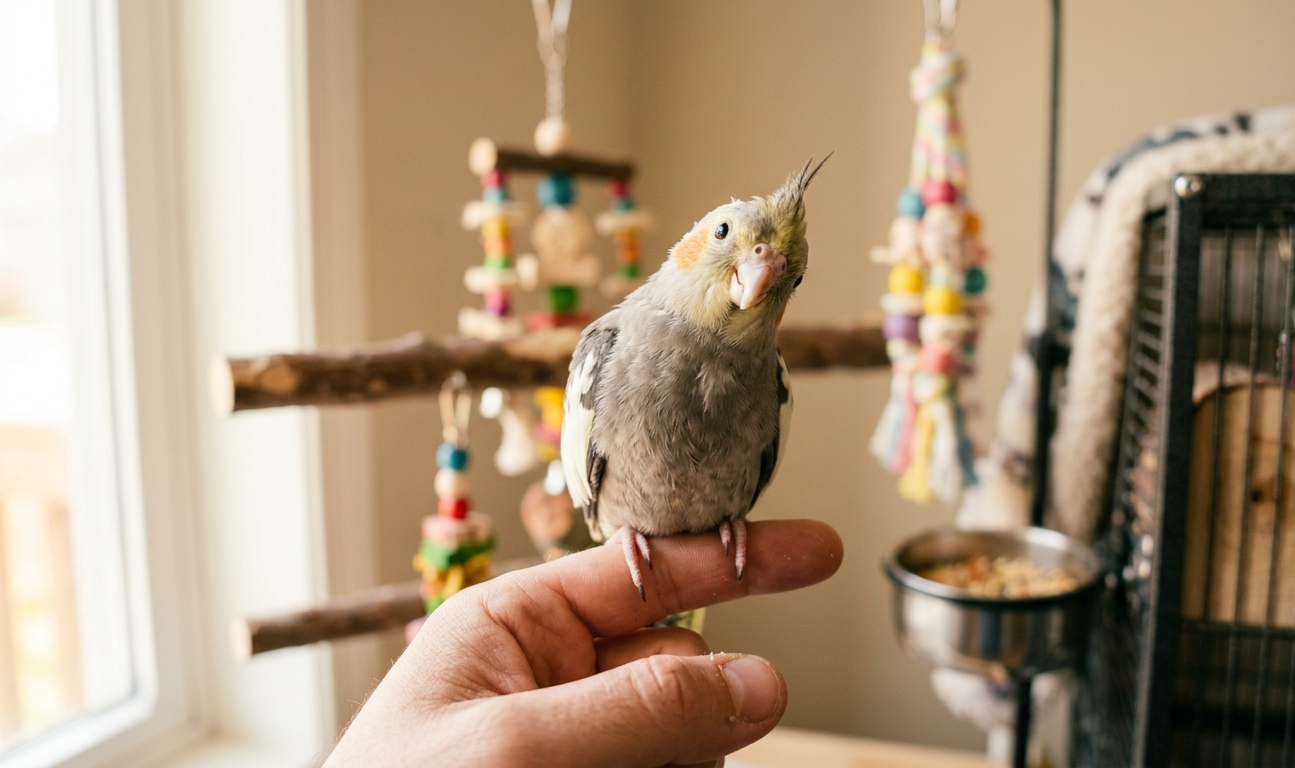 Calopsita filhote mansa em mão humana, demonstrando socialização