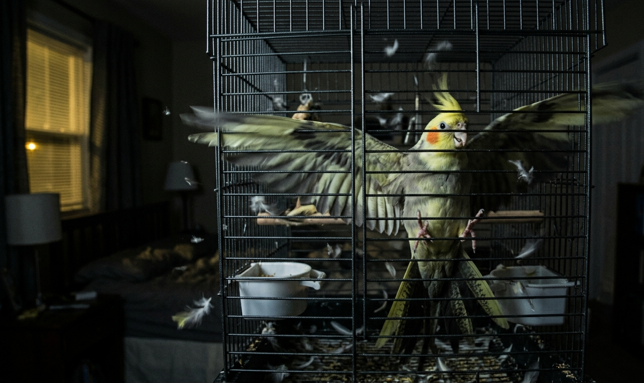 Calopsita dentro de gaiola parcialmente coberta durante a noite