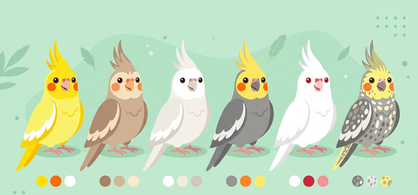 Diferentes tipos e mutações de calopsita lado a lado: lutino, cinza, canela e cara branca